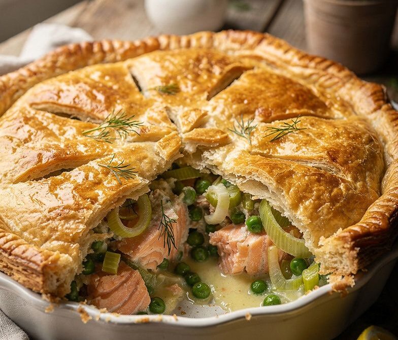 Salmon and Dill Puff Pastry Pie with Leeks and Peas