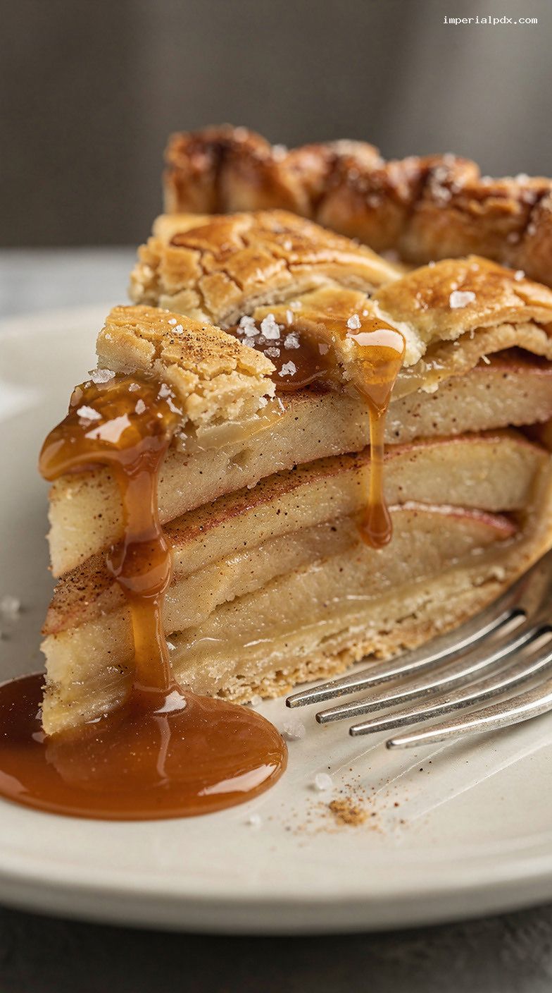 Salted Caramel Apple Pie With Cinnamon Apples and Lattice Crust – Closeup