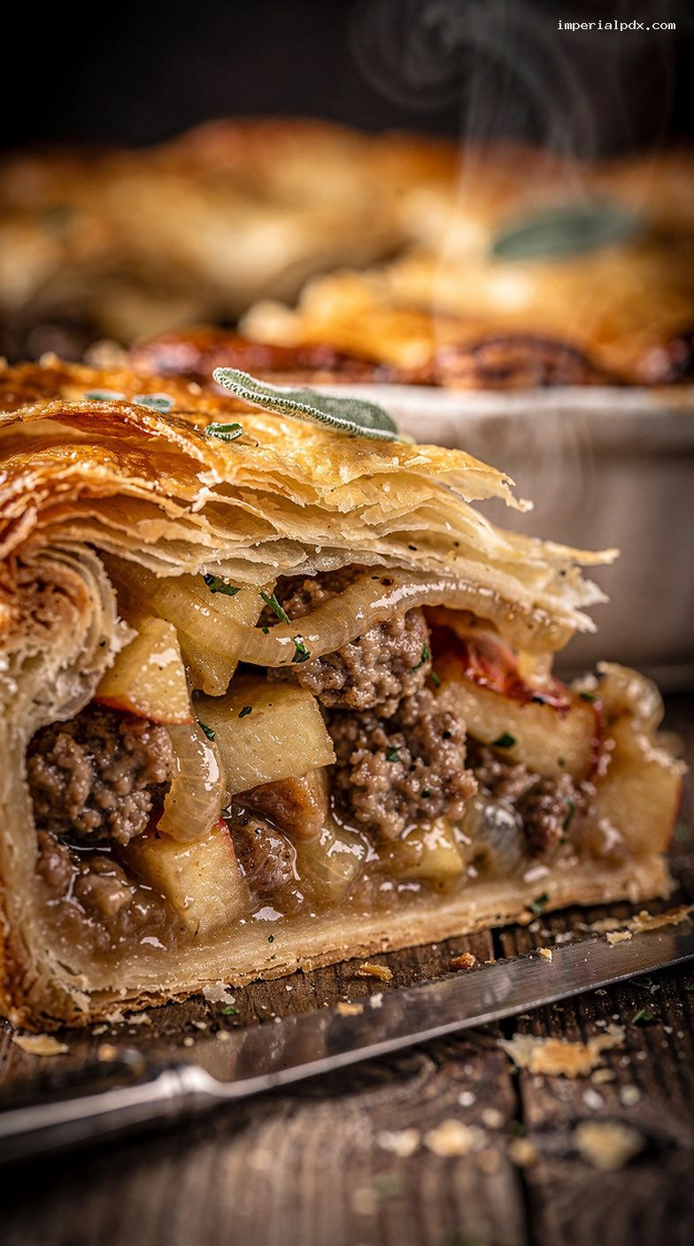 Sausage, Apple, and Sage Pie with Flaky Pastry Lid – Closeup