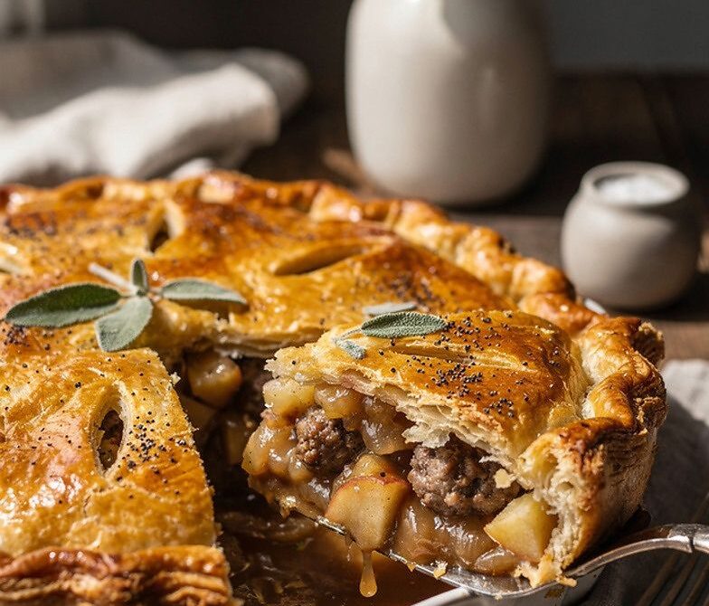 Sausage, Apple, and Sage Pie with Flaky Pastry Lid
