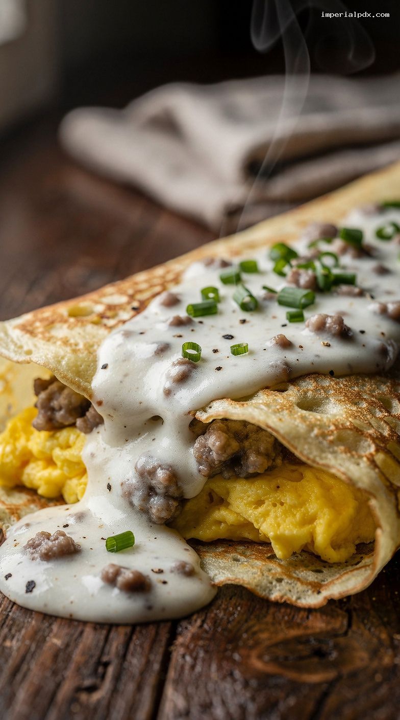 Sausage Gravy and Scrambled Eggs Breakfast Crepes – Closeup