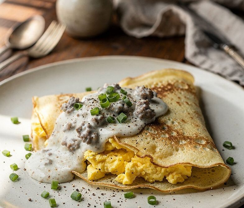Sausage Gravy and Scrambled Eggs Breakfast Crepes