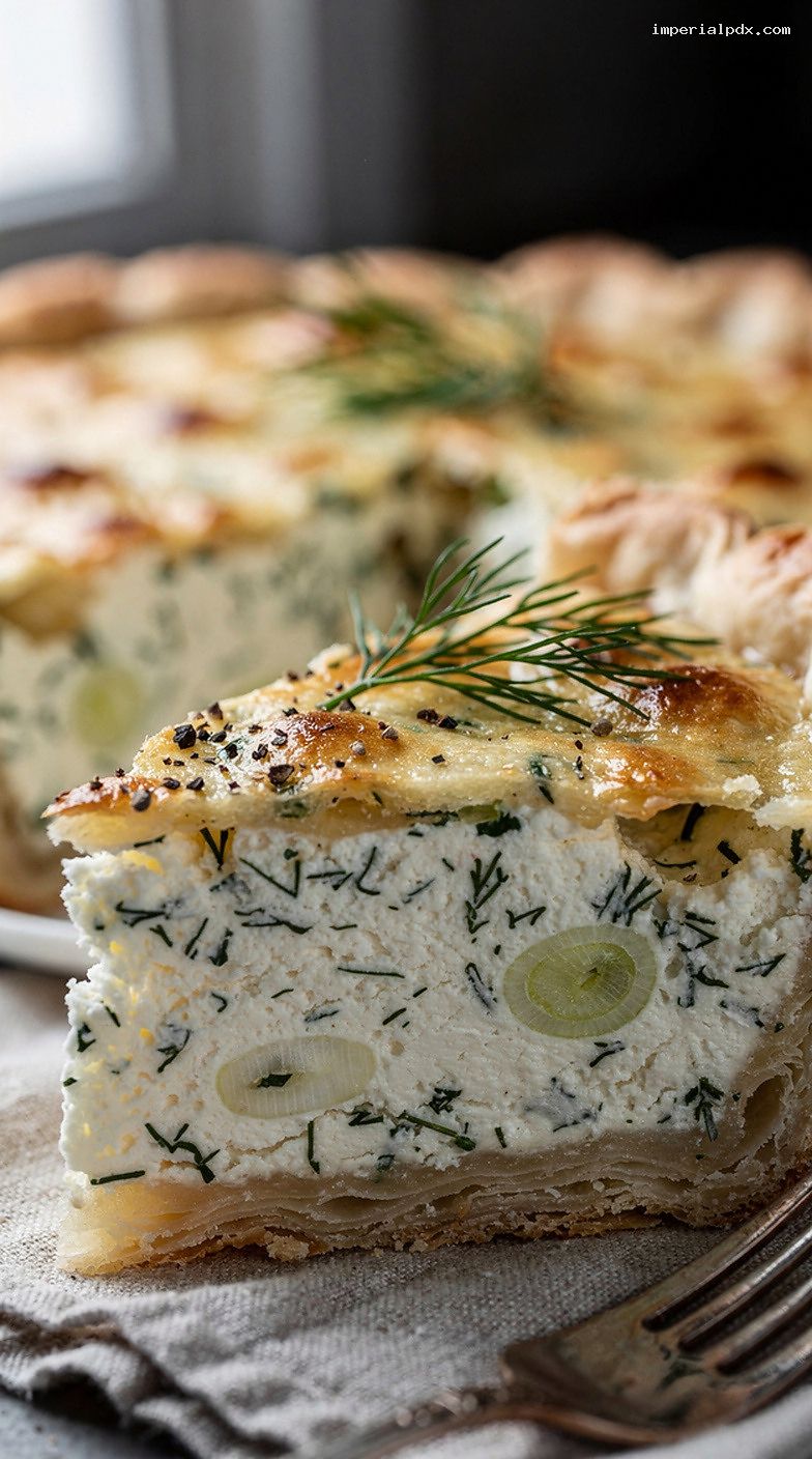 Savory Cottage Cheese and Herb Pie in a Crisp Crust – Closeup