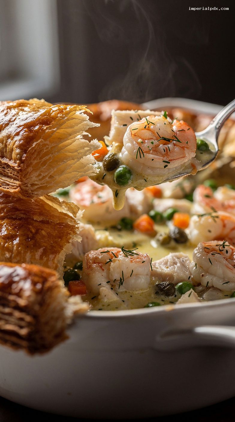 Seafood Pot Pie With Lemony Herb Cream and Puff Pastry – Closeup