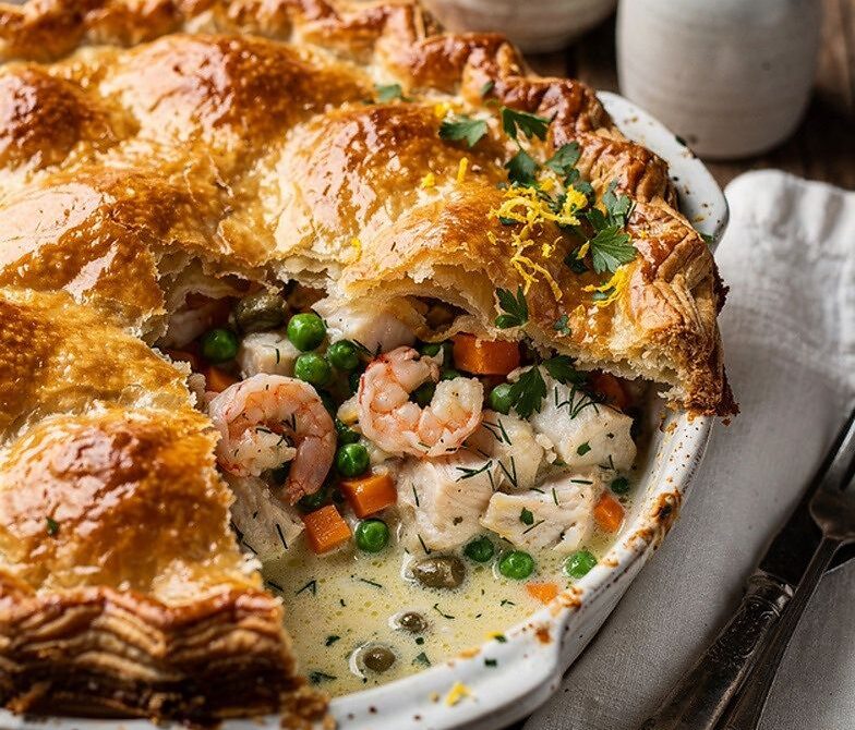 Seafood Pot Pie With Lemony Herb Cream and Puff Pastry