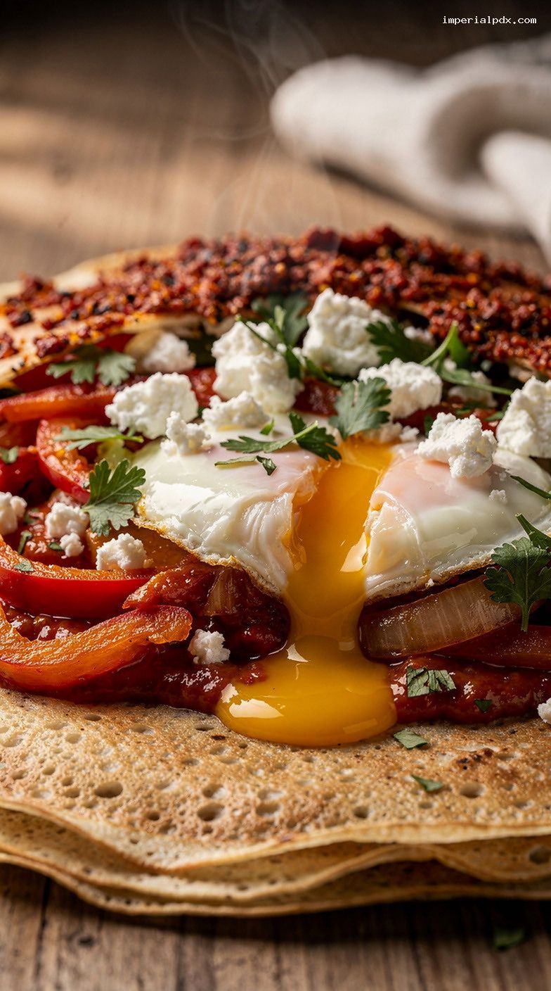 Shakshuka Breakfast Crepes With Egg, Feta, and Harissa – Closeup