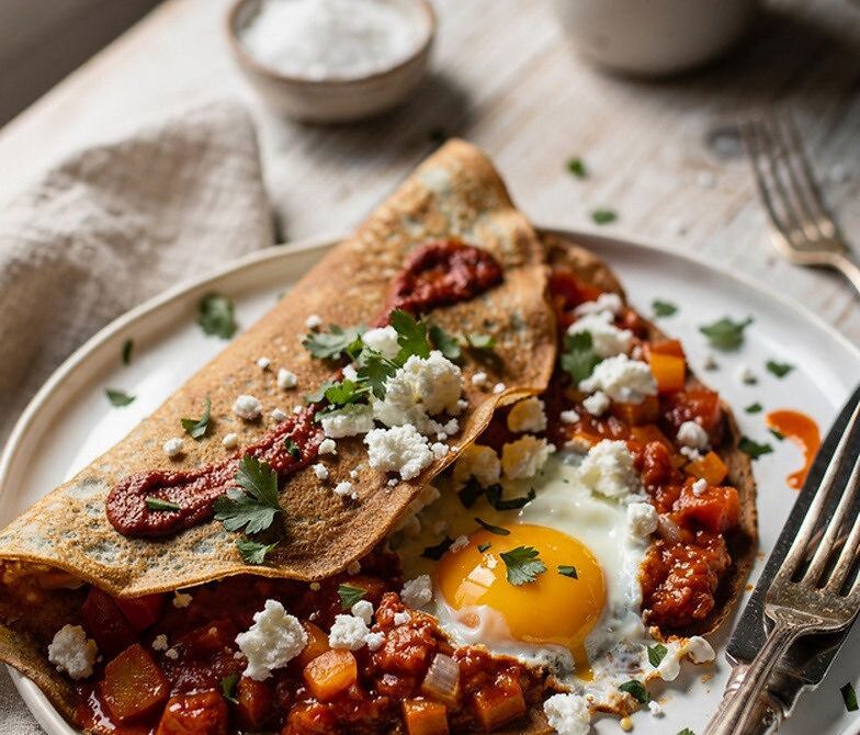 Shakshuka Breakfast Crepes With Egg, Feta, and Harissa
