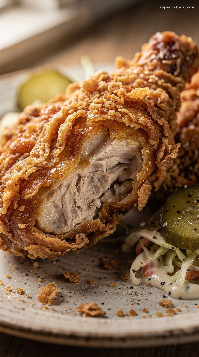 Shatter-Crisp Buttermilk-Brined Fried Chicken with Pickles and Slaw – Closeup