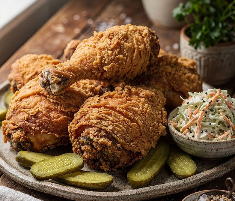 Shatter-Crisp Buttermilk-Brined Fried Chicken with Pickles and Slaw