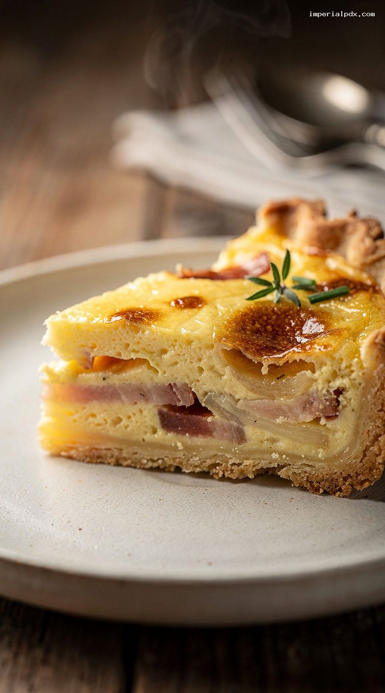 Silky Quiche Lorraine With Bacon, Caramelized Onions, and Gruyère – Closeup