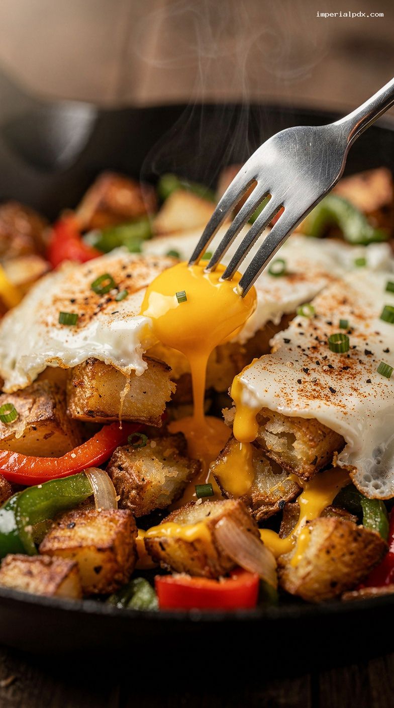 Skillet Breakfast Hash With Potatoes, Peppers, and Fried Eggs – Closeup