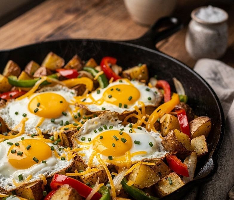Skillet Breakfast Hash With Potatoes, Peppers, and Fried Eggs