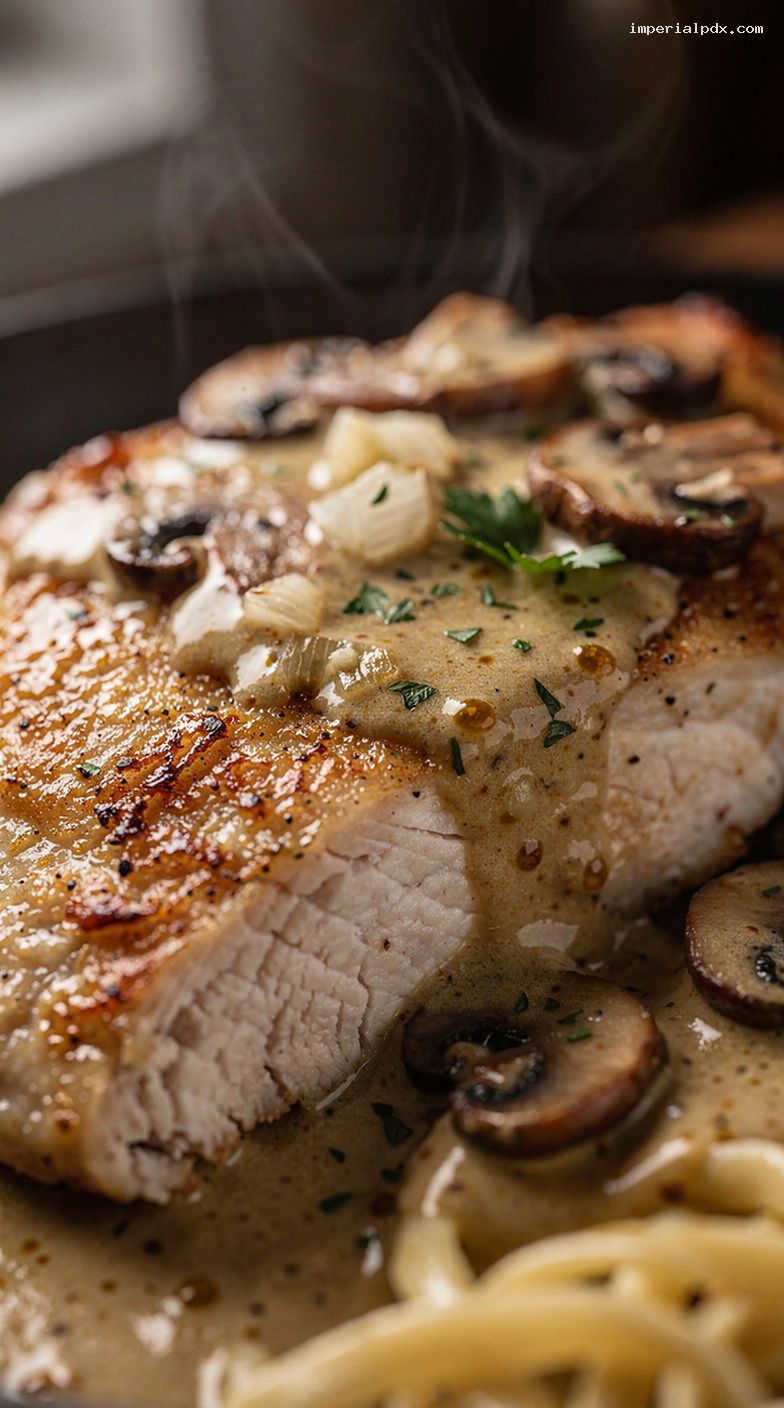 Skillet Chicken with Creamy Dijon Mushroom Sauce – Closeup