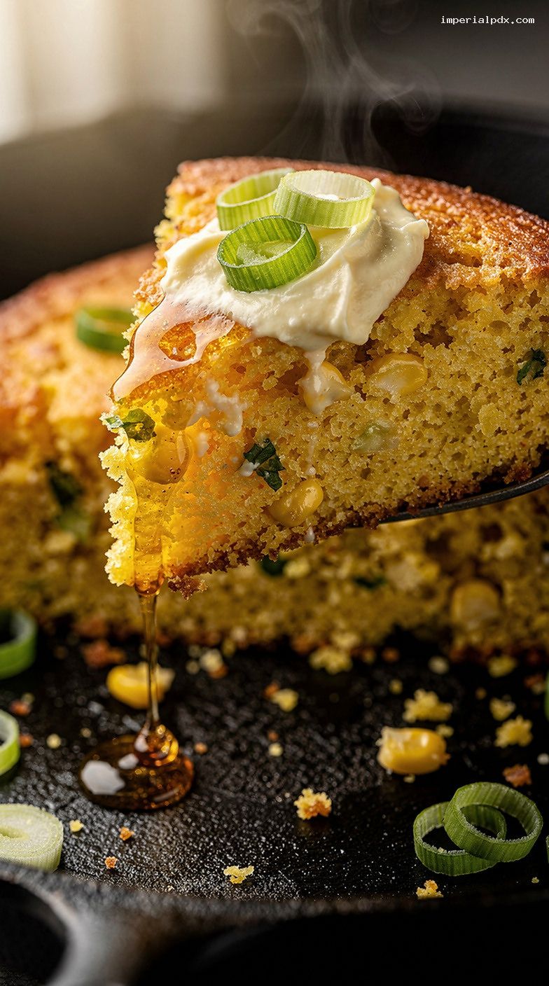 Skillet Cornbread With Honey Butter and Scallions – Closeup