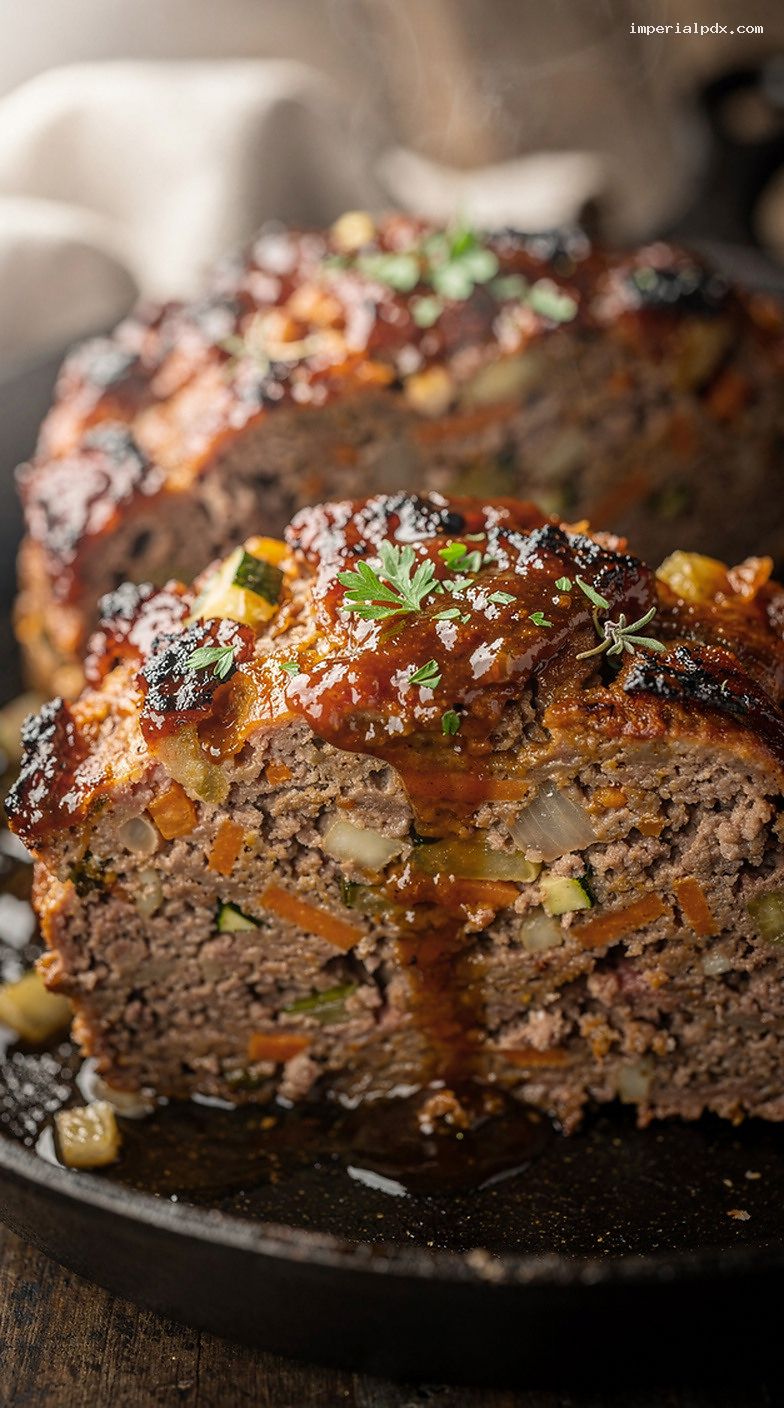 Skillet Meatloaf With Garden Veggies and Tangy Tomato Glaze – Closeup