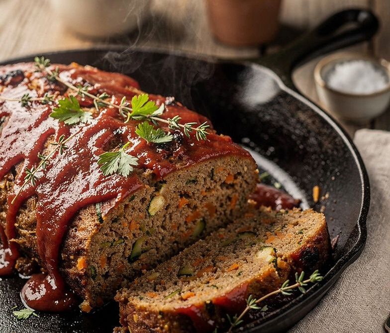 Skillet Meatloaf With Garden Veggies and Tangy Tomato Glaze