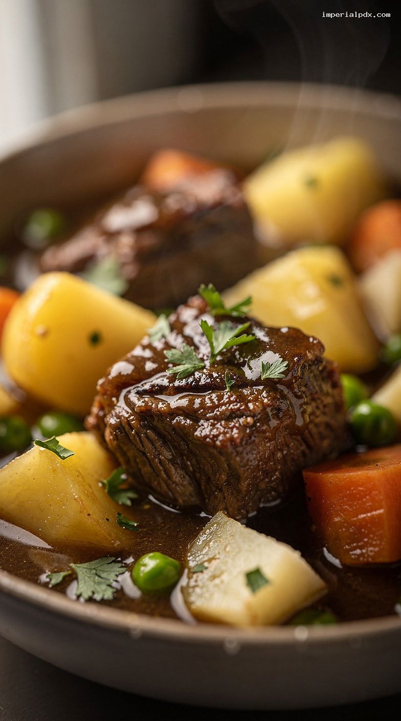 Slow-Simmered Beef and Root Vegetable Stew with Red Wine – Closeup