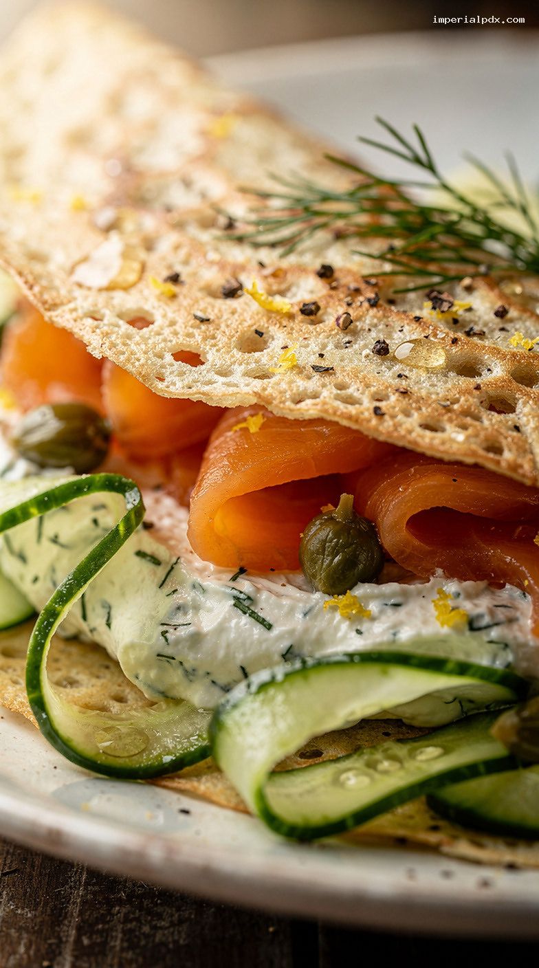 Smoked Salmon and Dill Cream Cheese Crepes with Capers – Closeup