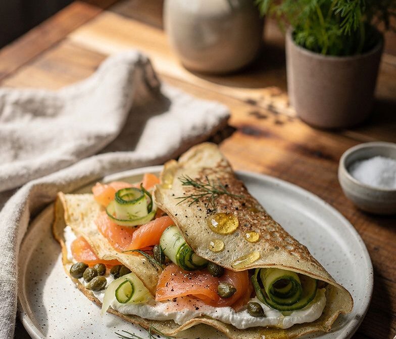 Smoked Salmon and Dill Cream Cheese Crepes with Capers