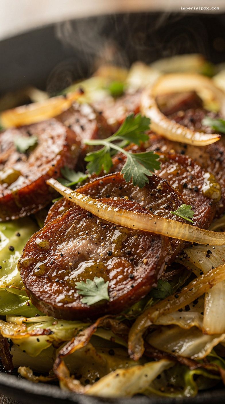 Smoked Sausage and Cabbage Skillet with Mustard and Vinegar – Closeup