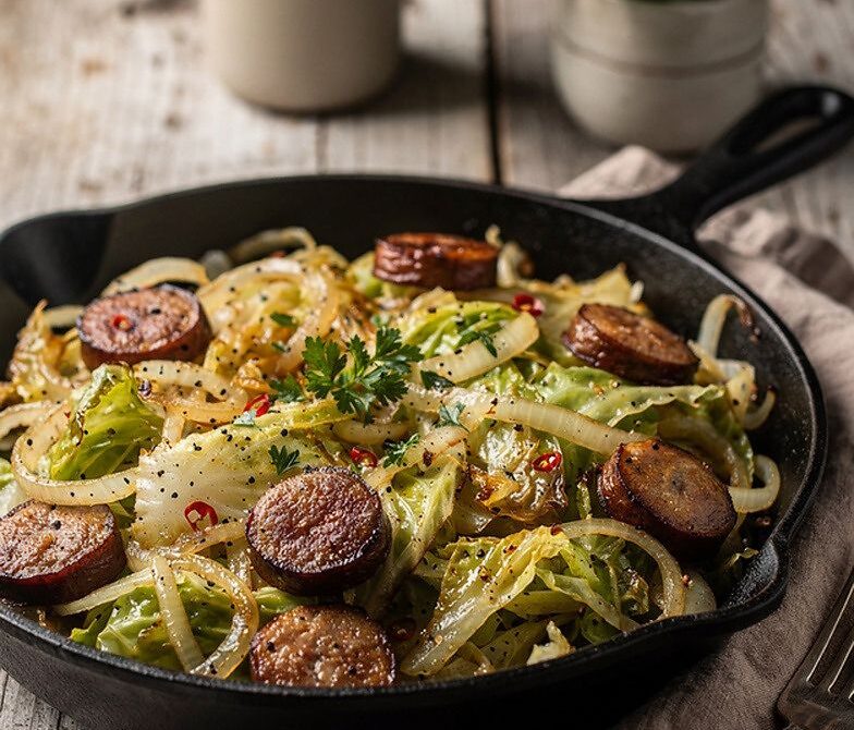 Smoked Sausage and Cabbage Skillet with Mustard and Vinegar