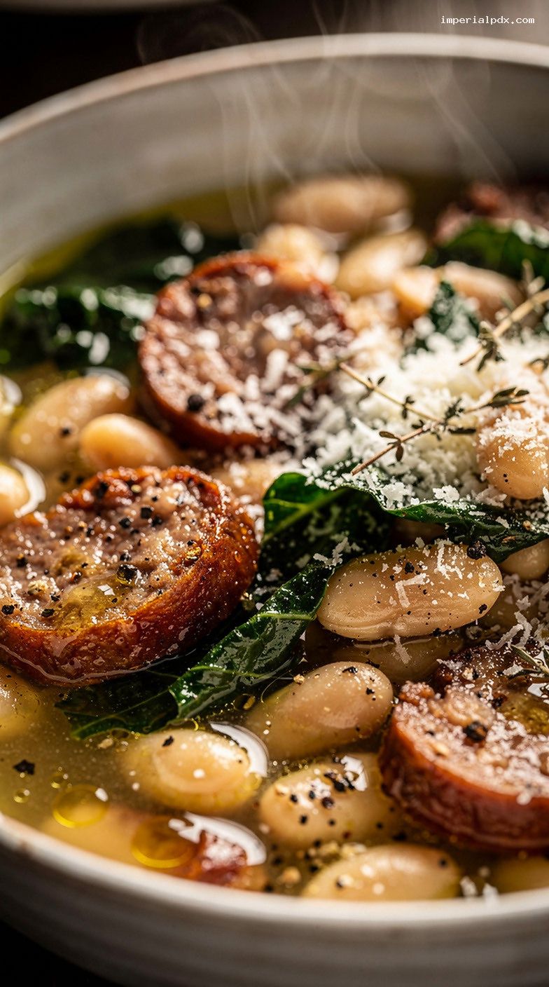 Smoked Sausage, Kale, and White Bean Soup – Closeup
