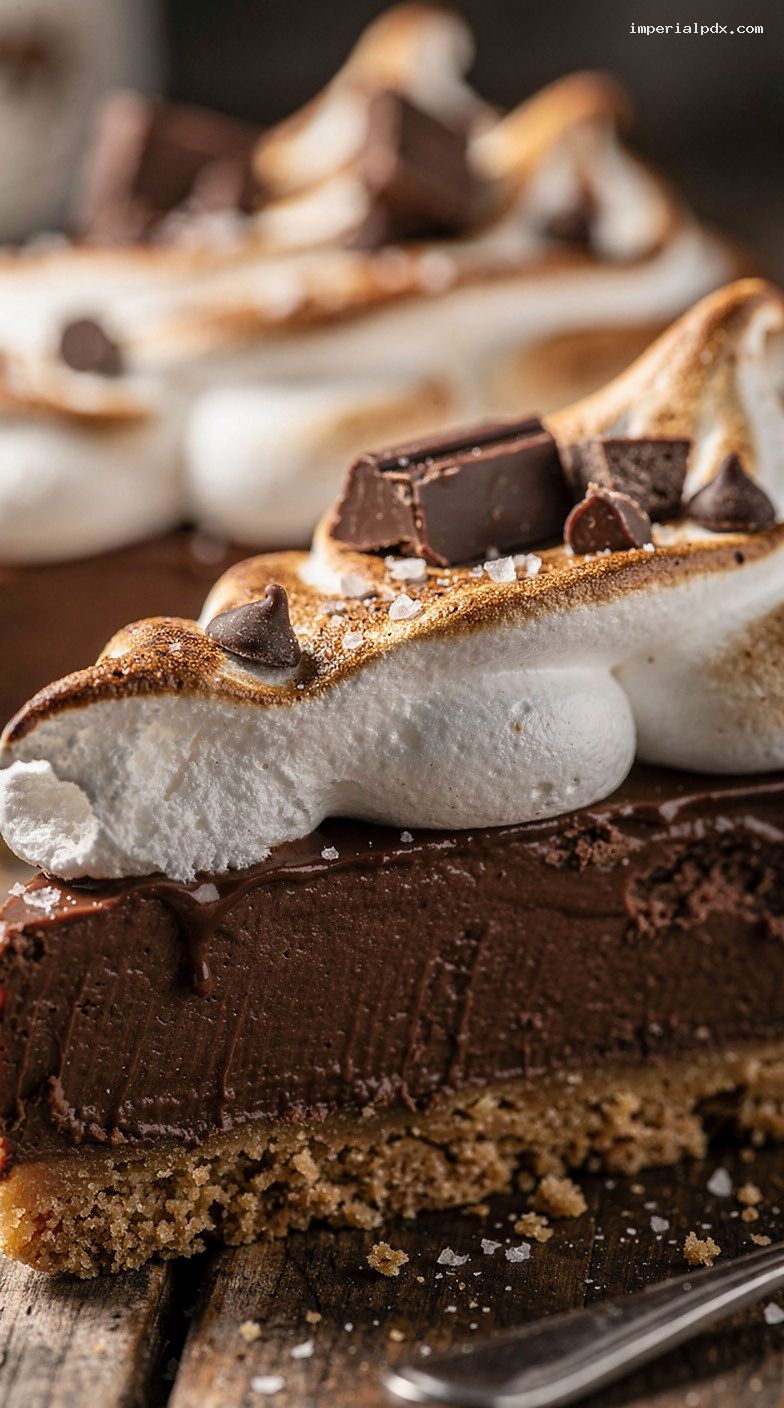 S’mores Pie With Chocolate Ganache and Toasted Marshmallow Topping – Closeup