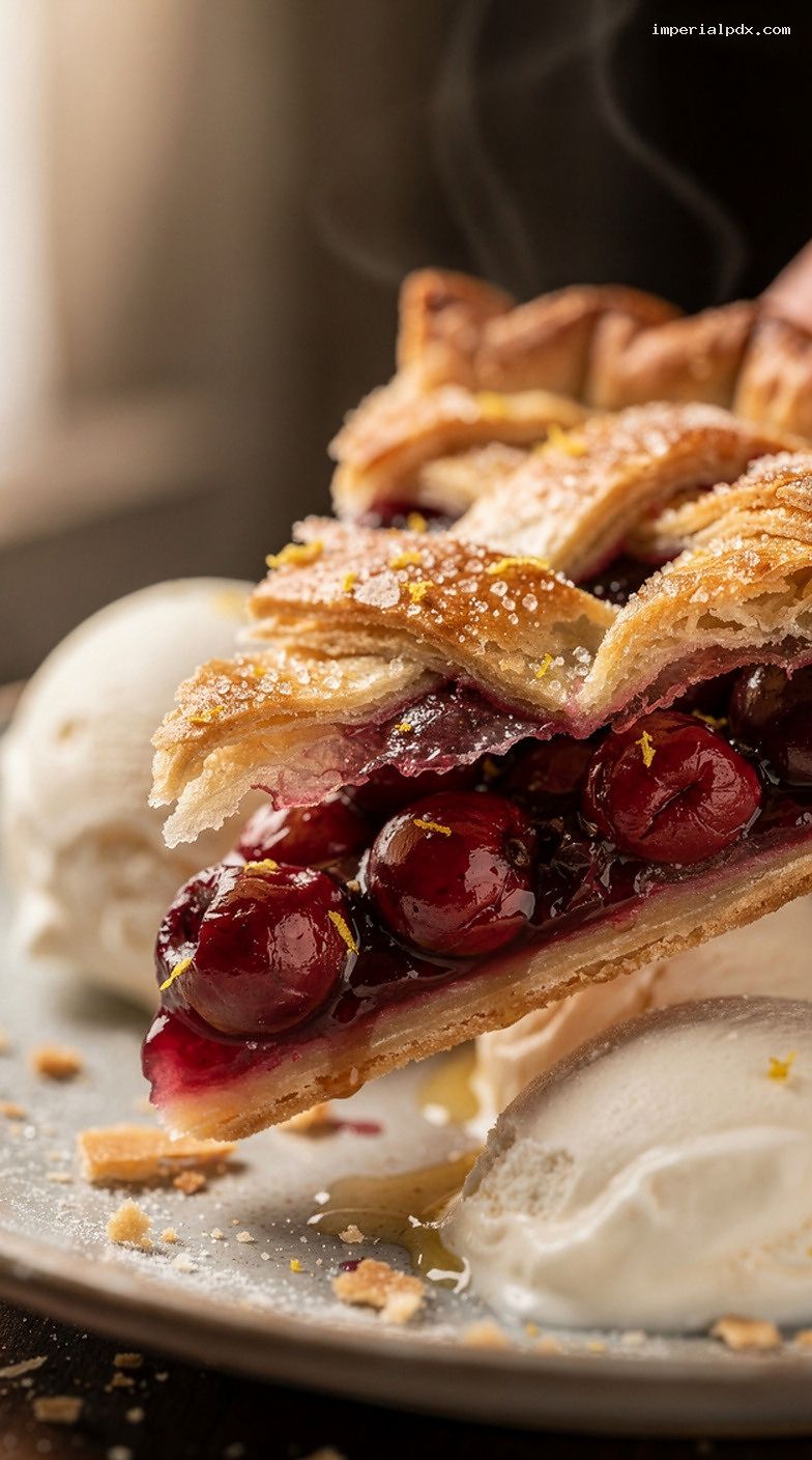Sour Cherry Almond Lattice Pie With Lemon and Sugar Crust – Closeup