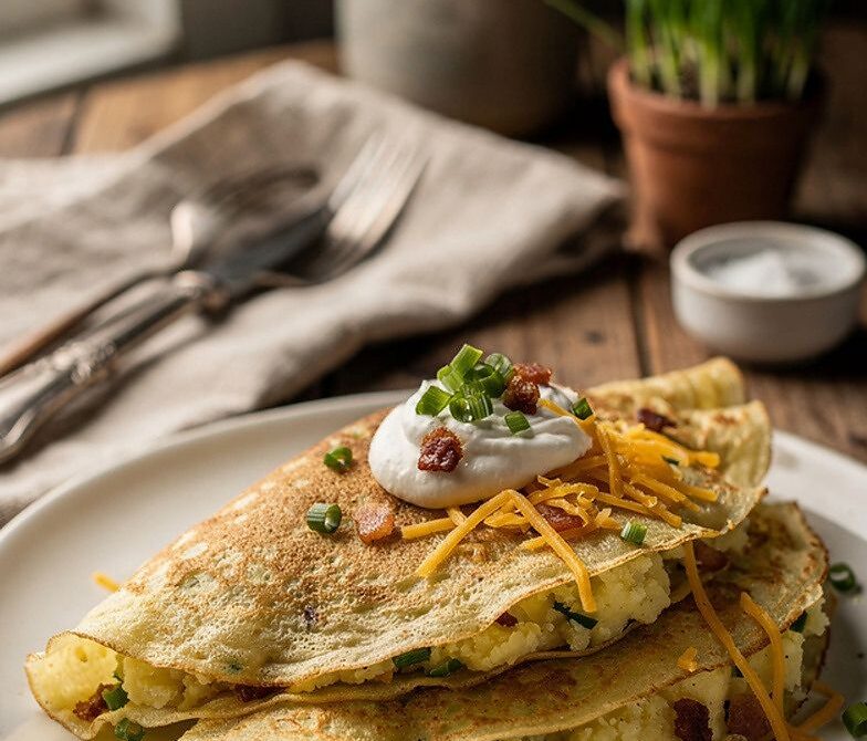 Sour Cream, Chive, and Bacon Baked Potato Crepes