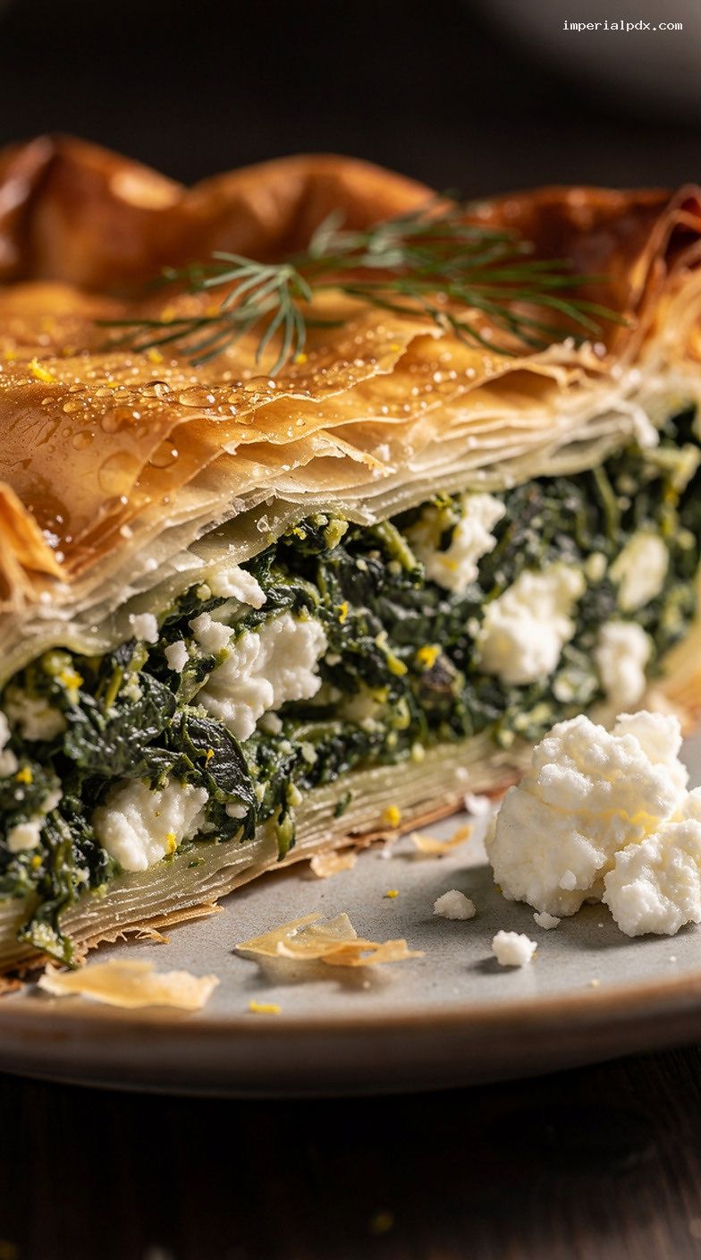 Spanakopita-Style Spinach, Feta, and Dill Pie – Closeup
