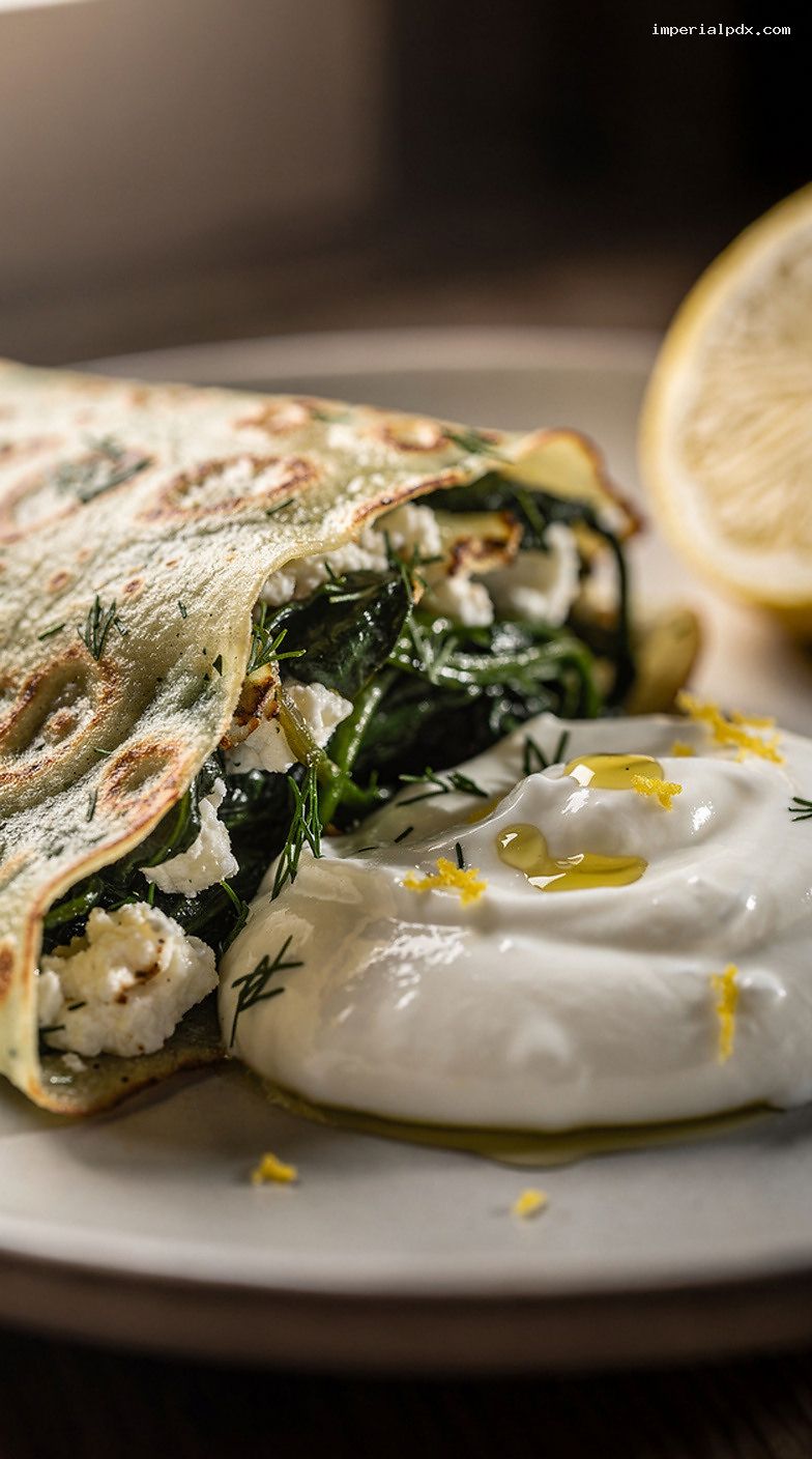 Spinach, Feta, and Herb Crepes With Lemon Yogurt – Closeup