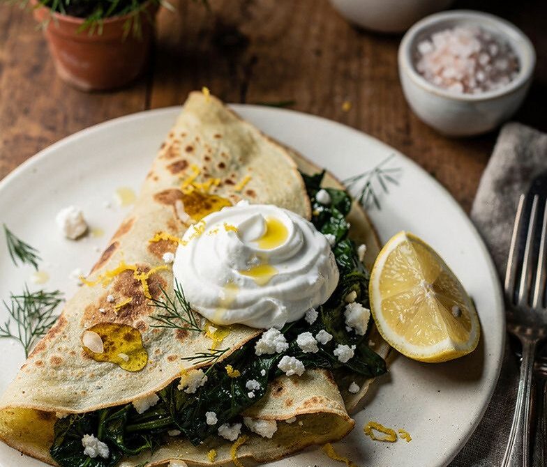 Spinach, Feta, and Herb Crepes With Lemon Yogurt