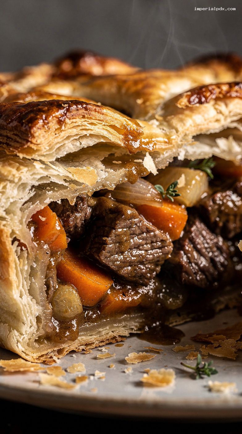 Steak and Ale Pie with Thyme and Crisp Pastry – Closeup