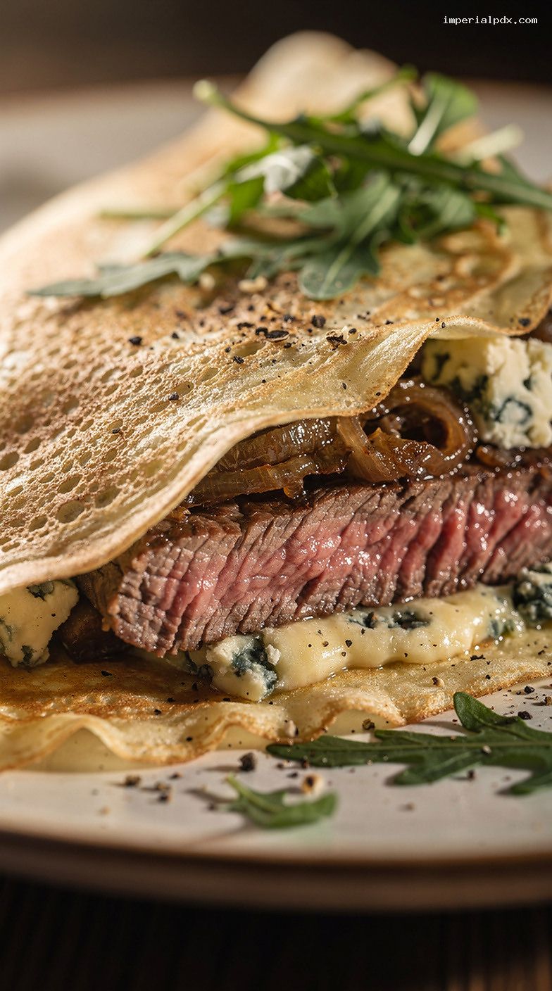 Steak Crepes With Caramelized Onions and Blue Cheese – Closeup