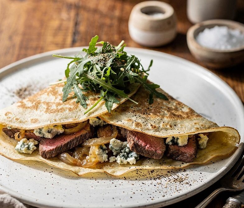 Steak Crepes With Caramelized Onions and Blue Cheese