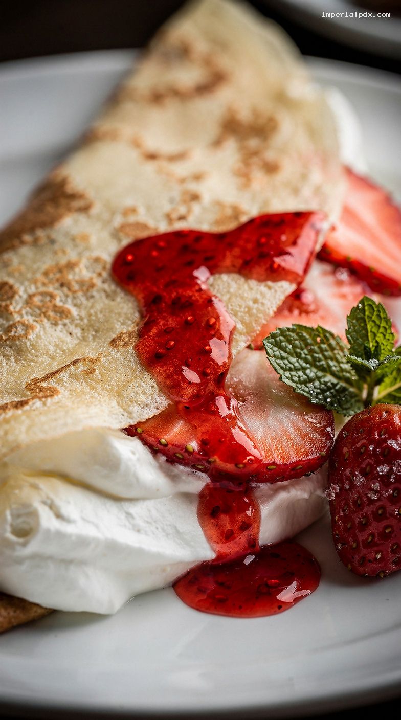 Strawberry and Vanilla Whipped Cream Crêpes – Closeup