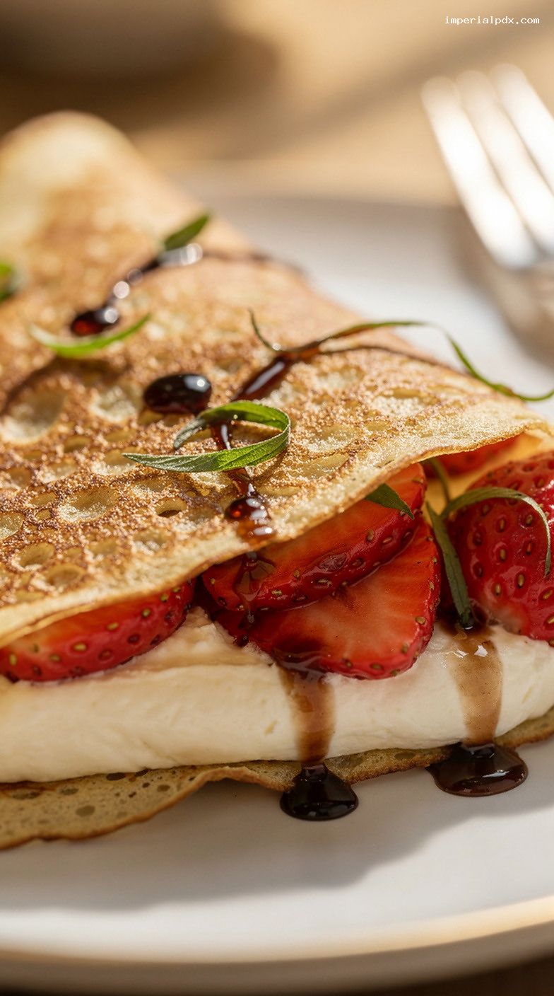 Strawberry Basil Balsamic Mascarpone Crepes – Closeup