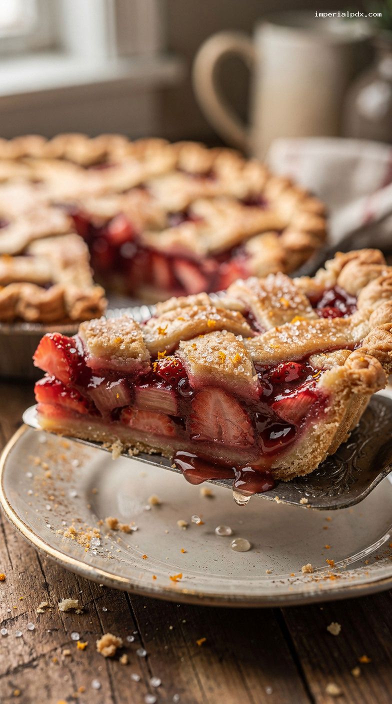 Strawberry Rhubarb Pie With Orange Zest and Flaky Crust – Closeup