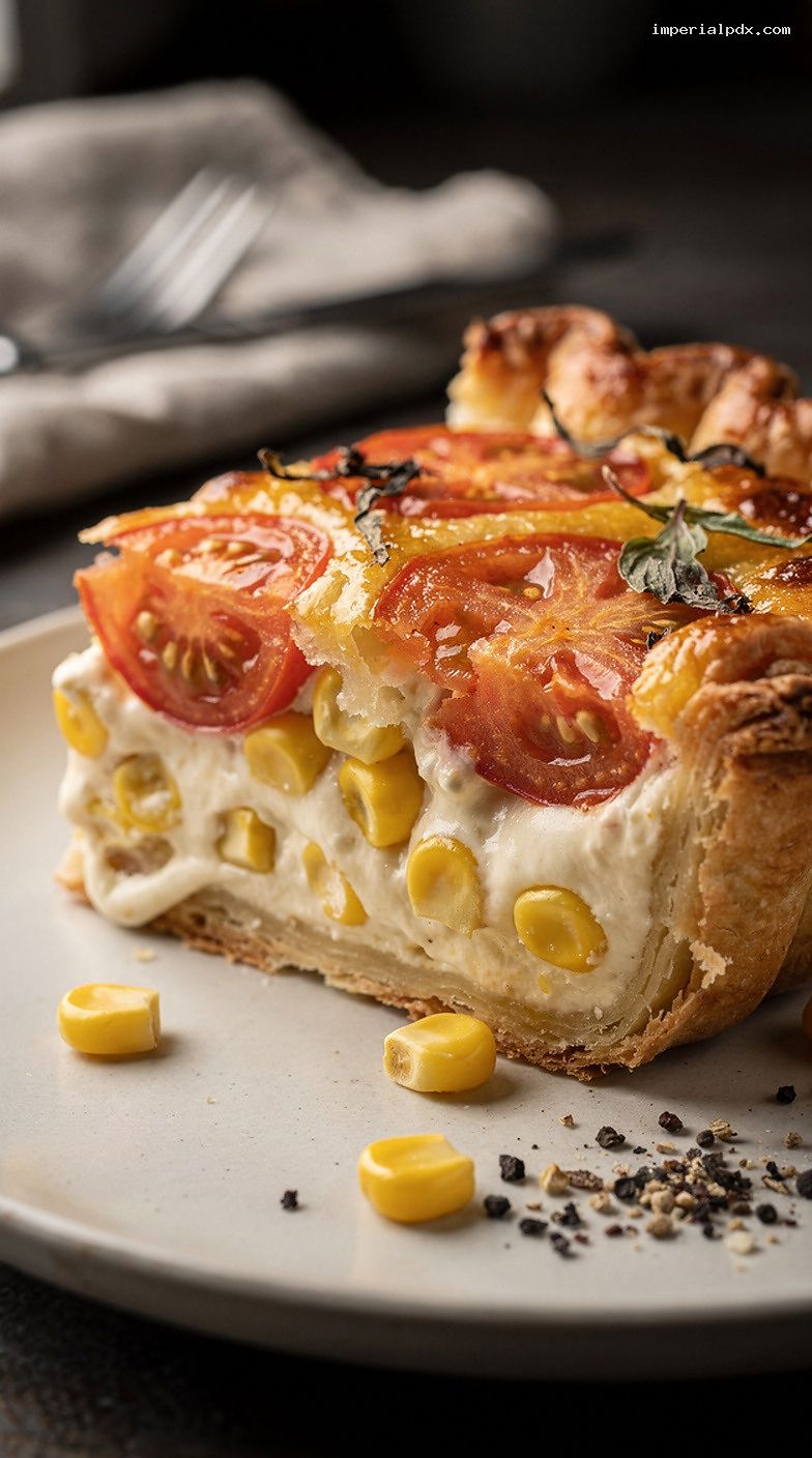 Sweet Corn, Tomato, and Basil Pie – Closeup