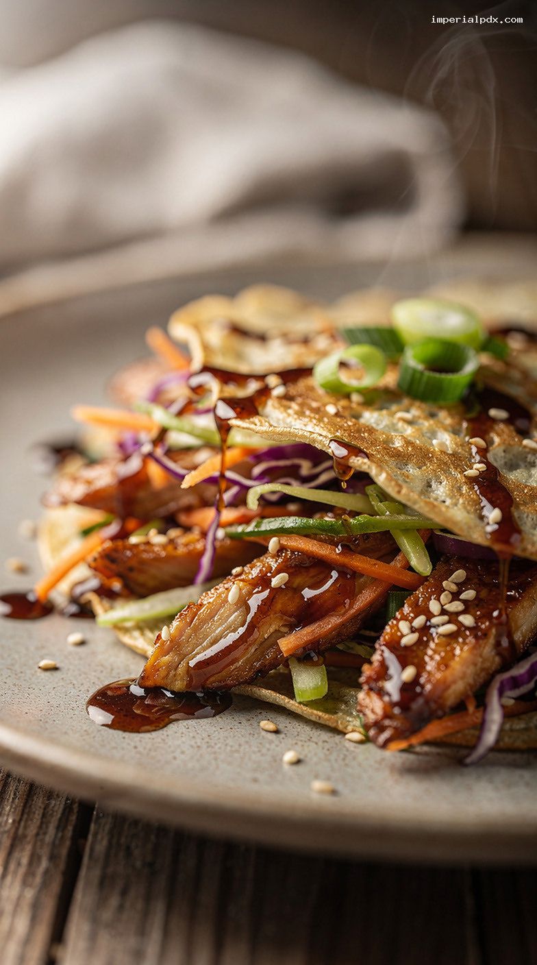 Teriyaki Chicken Crepes With Sesame Slaw and Scallions – Closeup