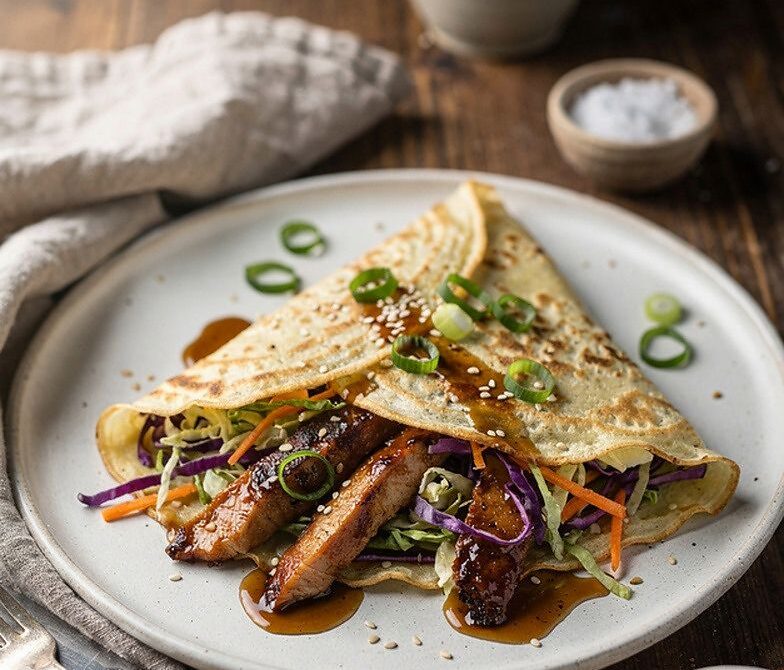 Teriyaki Chicken Crepes With Sesame Slaw and Scallions