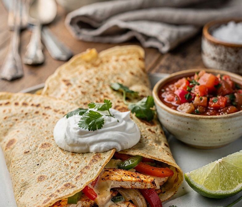 Tex-Mex Chicken Fajita Crepes with Salsa and Cilantro-Lime Sour Cream