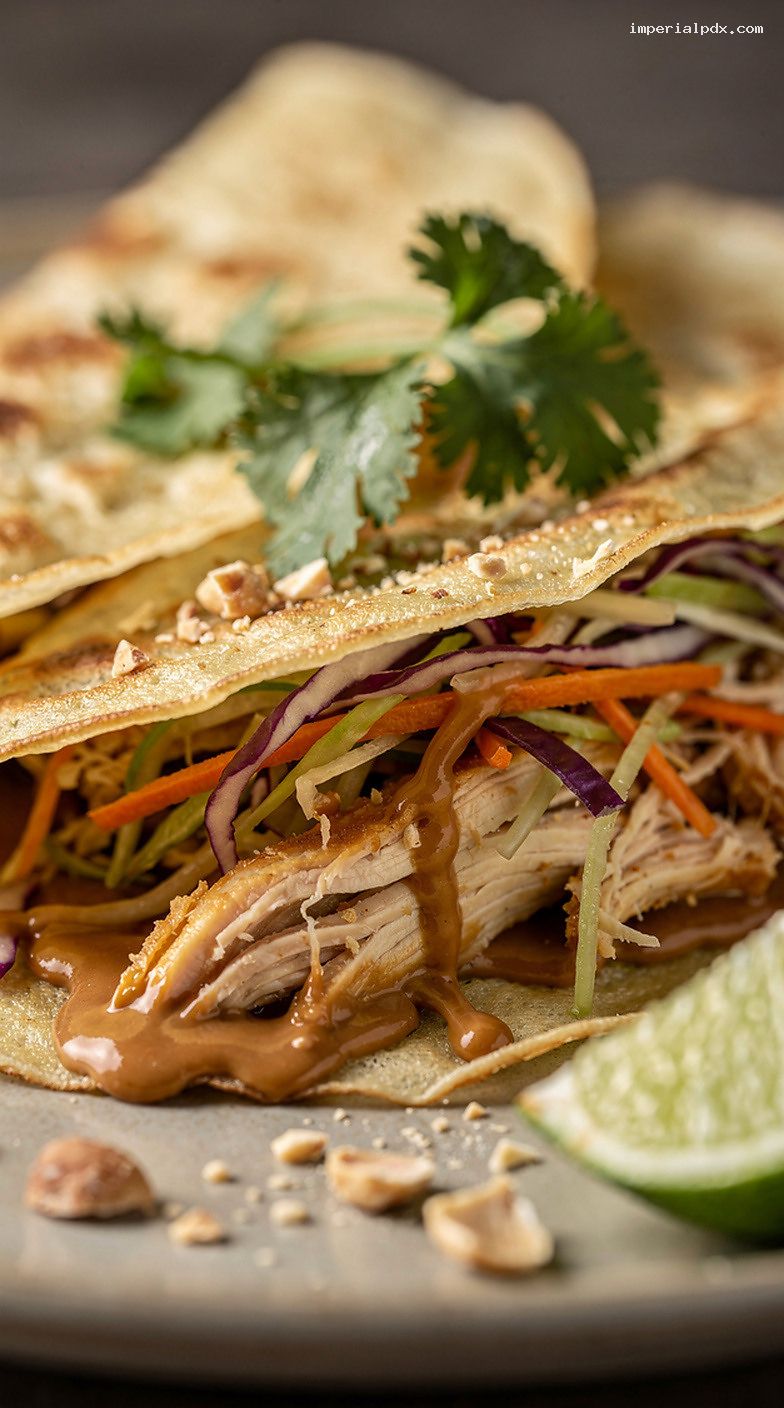 Thai Peanut Chicken Slaw Crepes with Lime and Cilantro – Closeup