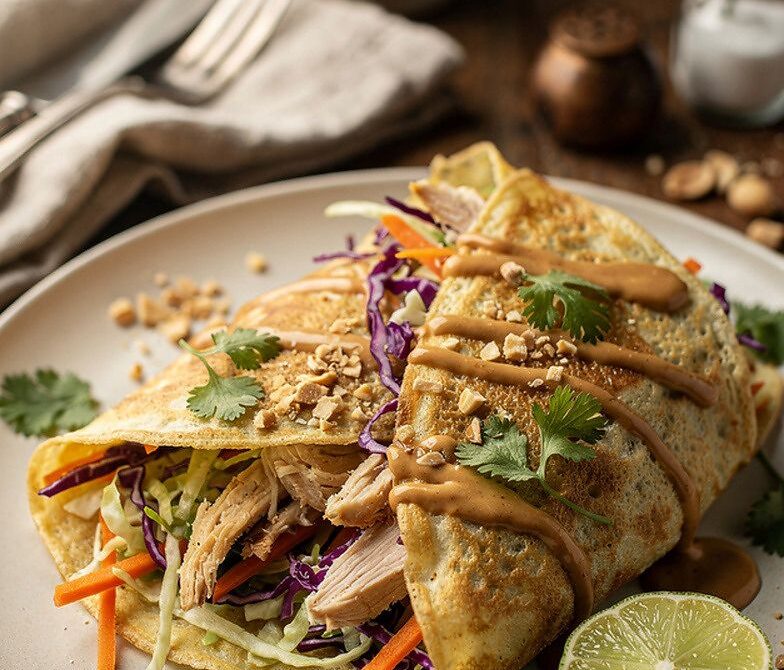 Thai Peanut Chicken Slaw Crepes with Lime and Cilantro