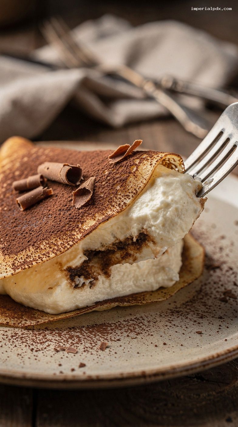 Tiramisu-Inspired Coffee Mascarpone Crepes With Cocoa Dusting – Closeup
