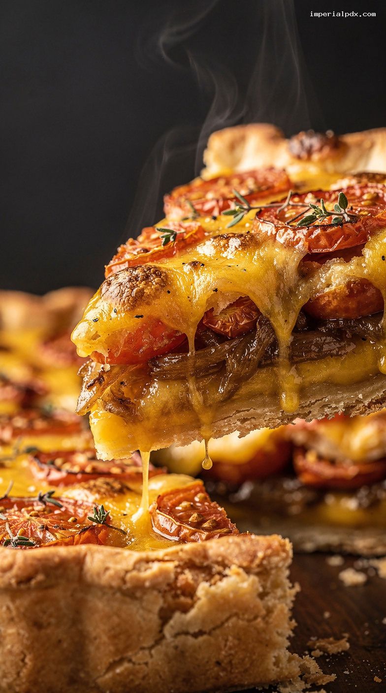 Tomato, Caramelized Onion and Cheddar Pie – Closeup