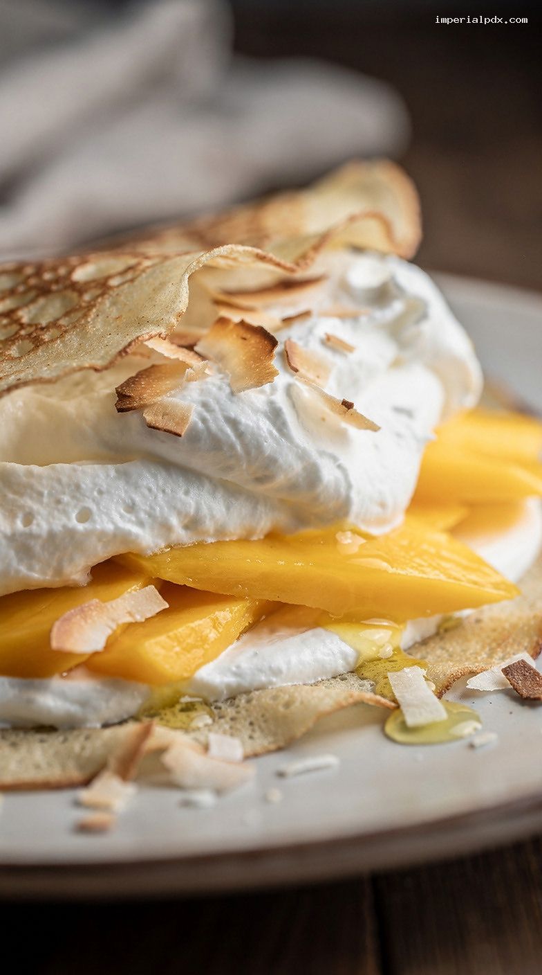 Tropical Coconut Mango Crepes With Lime and Toasted Coconut – Closeup