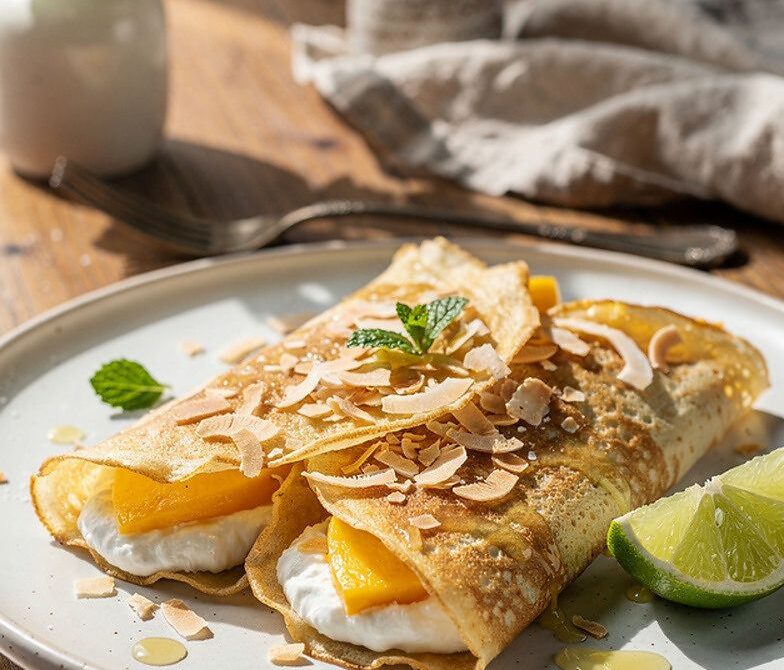 Tropical Coconut Mango Crepes With Lime and Toasted Coconut