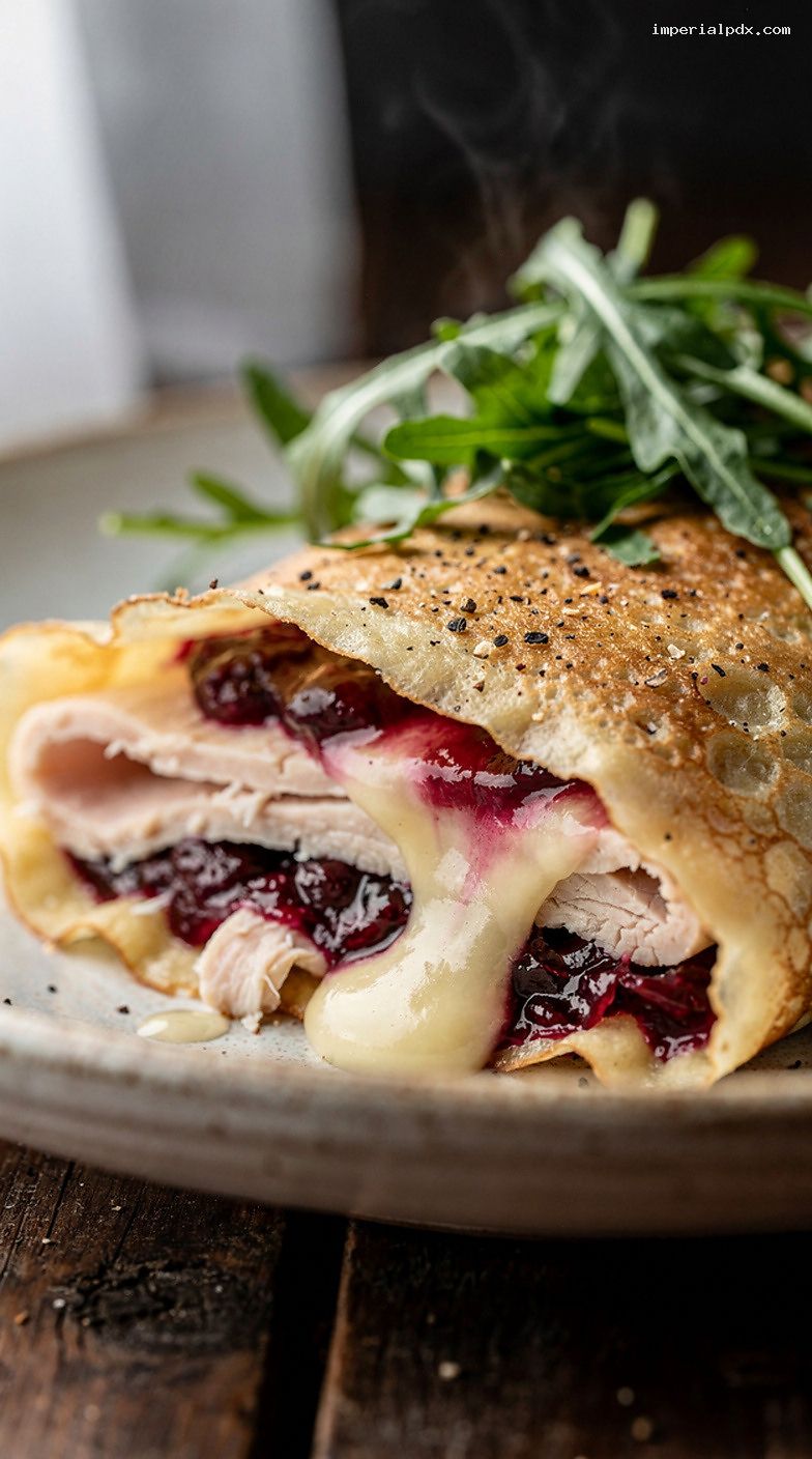 Turkey Brie Cranberry Crepes With Arugula and Cracked Pepper – Closeup