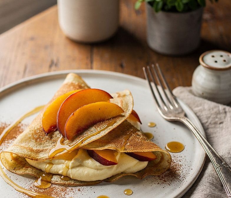 Vanilla Custard and Fresh Peach Crepes With Honey Cinnamon